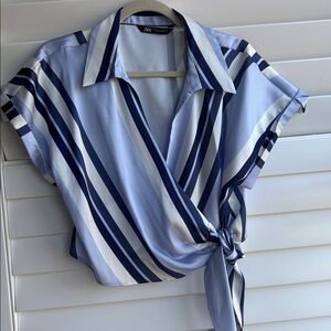Zara Blue Navy White Striped Wrap Blouse